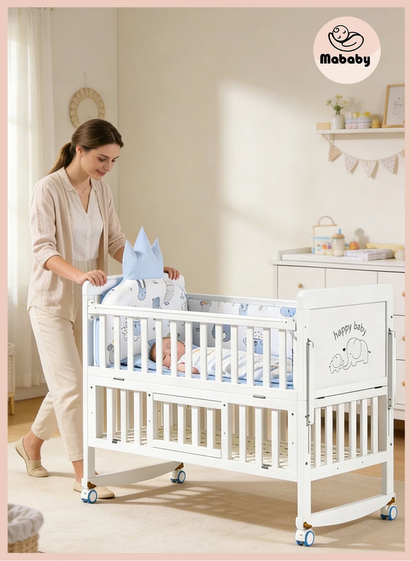 MaBaby 4 in 1 Height Adjustable Wooden Mobile Crib Multi-Functional Wooden Baby Crib 0-6 Years: Convertible to Toddler Bed, Desk & Co-Sleeper with Storage, Rocking/Wheeled Modes - Image 1